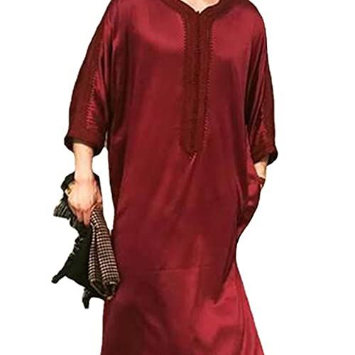 Men Dress Embroidery Long Gown Thobe Robe Short Sleeve Sleepwear Nightshirt