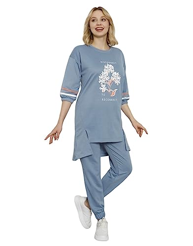 Wesha Turkish Cotton Tunic Long Top and Pants Ladies Homewear Gymwear Sportswear Set Modest Tracksuit Set for Women