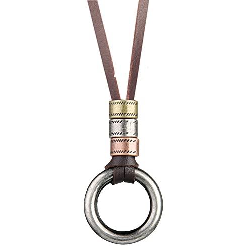 JczR.Y Leather Necklace for Men Double Circle Rings Leather Rope Pendant Necklace Punk Leather Chain Disc Ring Necklace Vintage Jewelry Gift