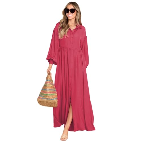 Women's Maxi Shirt Dress Button Down Long Sleeve Casual Flowy A-line Long Dress