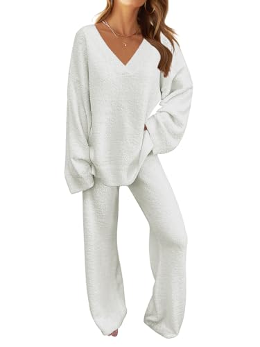 MEROKEETY Women's 2 Piece Outfits Fuzzy Fleece Pajama Set Long Sleeve Top Wide Leg Pants Loungewear