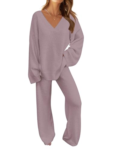 MEROKEETY Women's 2 Piece Outfits Fuzzy Fleece Pajama Set Long Sleeve Top Wide Leg Pants Loungewear