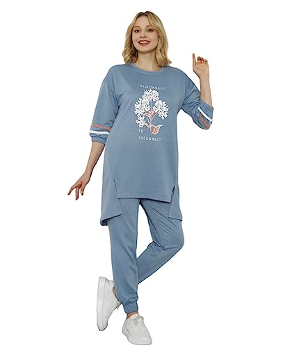 Wesha Turkish Cotton Tunic Long Top and Pants Ladies Homewear Gymwear Sportswear Set Modest Tracksuit Set for Women