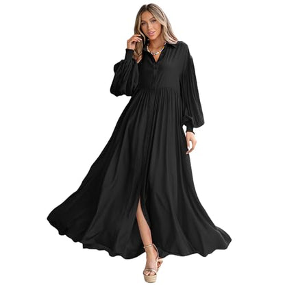 Women's Maxi Shirt Dress Button Down Long Sleeve Casual Flowy A-line Long Dress