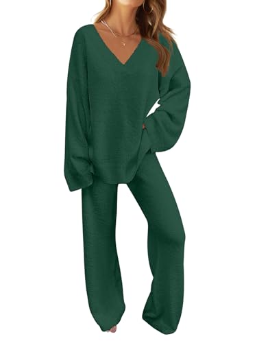 MEROKEETY Women's 2 Piece Outfits Fuzzy Fleece Pajama Set Long Sleeve Top Wide Leg Pants Loungewear