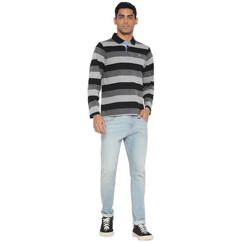 Deniklo Men's Polo Collar Full Sleeves Striped T-Shirt with Embroidery DK 240