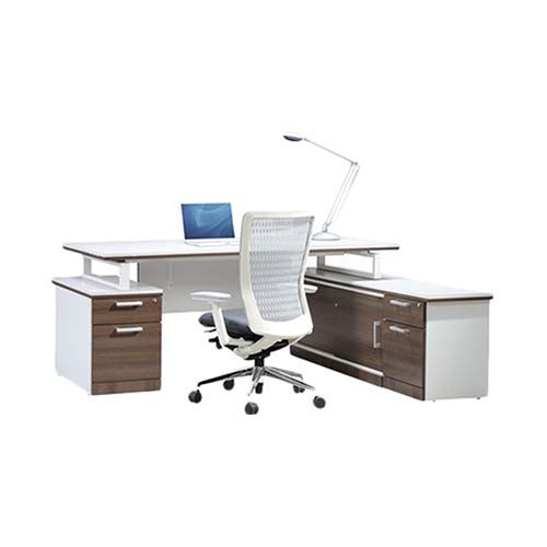 Mahmayi Zelda M225-16 Modern Executive Desk with Check Writing Ledge, Underneath Storage Cubby, Locking Drawer, and Storage Cabinet - Office Furniture for Productivity - Walnut/White (160cm)