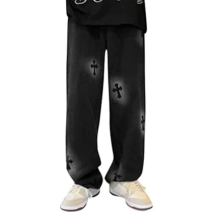 Men Jeans Baggy Straight Relaxed Cargo Work Pants With Pockets, Men's Loose Hip-hop Printed Baggy Denim Jeans