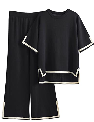 Faleave Womens Knit 2 Piece Sweater Sets Short Sleeve Pullover Tops Elastic Waist Wide Leg Pants Lounge Set