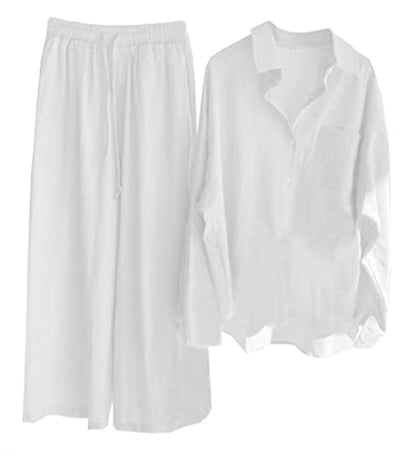 Beralst Women's 2 Piece Pants Set, Linen Button Down Shirt + Wide Leg Pants