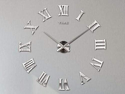 Stylish Large DIY Quartz 3D Roman Number Wall Clock Acrylic Sticker - Silver