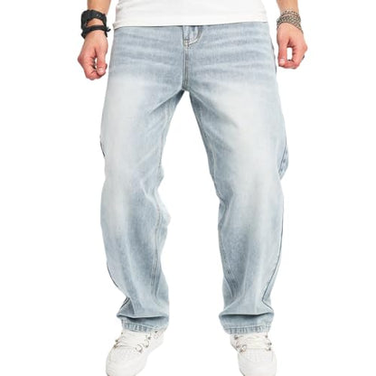 WEIBUMAOYI Men's Loose Fit Pants Relaxed-Fit Men Jeans Washed Oversize Straight Leg Carpenter Jean