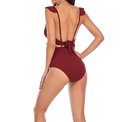 Women's One Piece Swimsuit Slimming V Neck Bathing Suit Sexy Cutout Ruffled Lace Up Swimwear Monokini High Waisted Tummy Control Swimming Suits