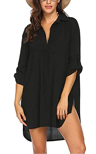 Women Plus Size Swimsuit Cover Up Shirt Deep V Neck Bikini Cover Up Solid Beach Dress