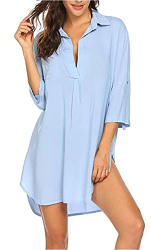 Women Plus Size Swimsuit Cover Up Shirt Deep V Neck Bikini Cover Up Solid Beach Dress