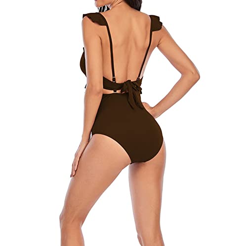 Women's One Piece Swimsuit Slimming V Neck Bathing Suit Sexy Cutout Ruffled Lace Up Swimwear Monokini High Waisted Tummy Control Swimming Suits