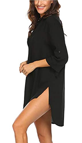 Women Plus Size Swimsuit Cover Up Shirt Deep V Neck Bikini Cover Up Solid Beach Dress