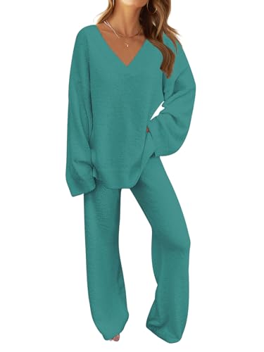 MEROKEETY Women's 2 Piece Outfits Fuzzy Fleece Pajama Set Long Sleeve Top Wide Leg Pants Loungewear