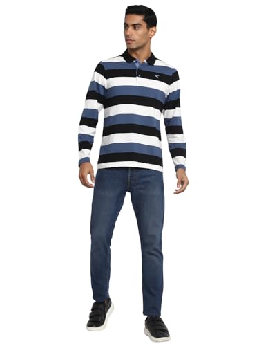 Deniklo Men's Polo Collar Full Sleeves Striped T-Shirt with Embroidery DK 240