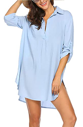 Women Plus Size Swimsuit Cover Up Shirt Deep V Neck Bikini Cover Up Solid Beach Dress