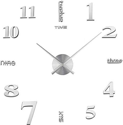 Large DIY Wall Clock, Modern 3D Wall Clock, With Mirror Sticker, Used For Home Office Decoration Gifts (Silver)