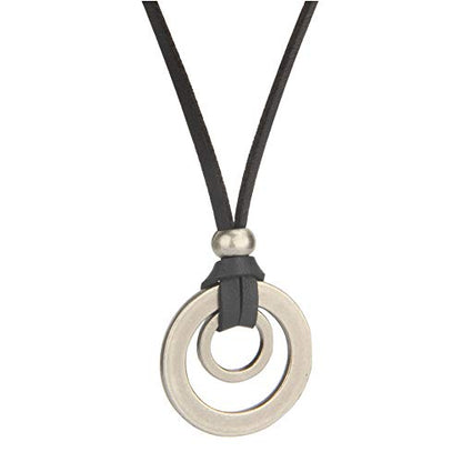 JczR.Y Leather Necklace for Men Double Circle Rings Leather Rope Pendant Necklace Punk Leather Chain Disc Ring Necklace Vintage Jewelry Gift