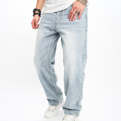 WEIBUMAOYI Men's Loose Fit Pants Relaxed-Fit Men Jeans Washed Oversize Straight Leg Carpenter Jean