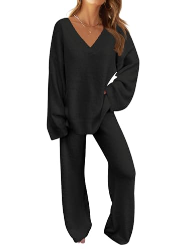 MEROKEETY Women's 2 Piece Outfits Fuzzy Fleece Pajama Set Long Sleeve Top Wide Leg Pants Loungewear