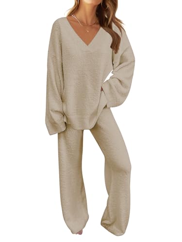 MEROKEETY Women's 2 Piece Outfits Fuzzy Fleece Pajama Set Long Sleeve Top Wide Leg Pants Loungewear