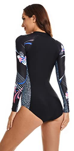 Maeau Women's Long Sleeve Rash Guard UV Protection Zipper Printed Surfing One Piece Swimsuit Bathing Suit