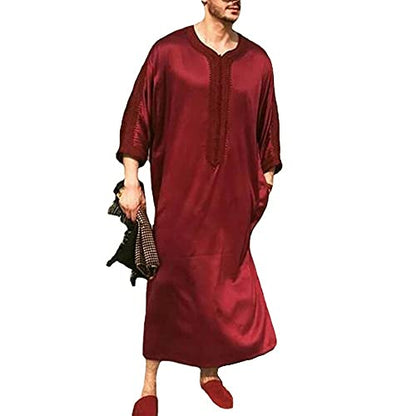 Men Dress Embroidery Long Gown Thobe Robe Short Sleeve Sleepwear Nightshirt