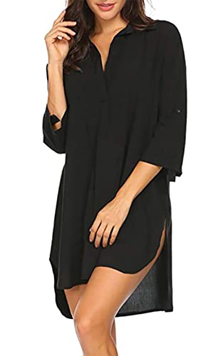 Women Plus Size Swimsuit Cover Up Shirt Deep V Neck Bikini Cover Up Solid Beach Dress