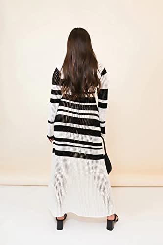 Womens Striped Square Collar Knit Hollow Out Long Sleeve Crochet Maxi Dress