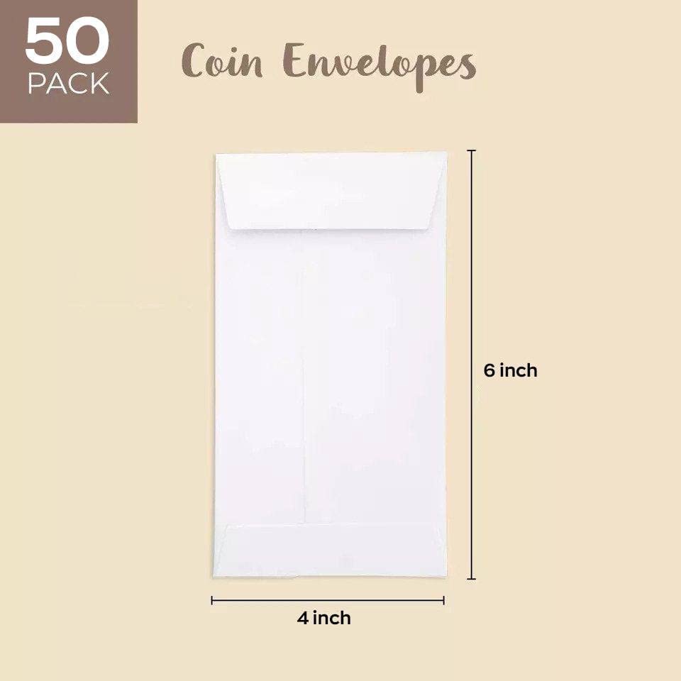 MARKQ White Coin Envelopes 6” x 4” Kraft Self-Adhesive Seed Envelopes for Small Items Parts, Wages, Notes, Beads, Garden, Office (50 Pack)