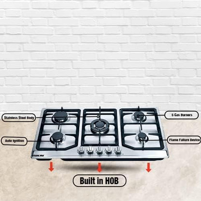 Nikai 5 Burner Gas Hob with Auto Ignition, Cast Iron Support, Full Safety Features, Straight Flame, Stainless Steel Body, Rapid Burner, Semi-Rapid Burner, Auxiliary Burner - NGH5005N