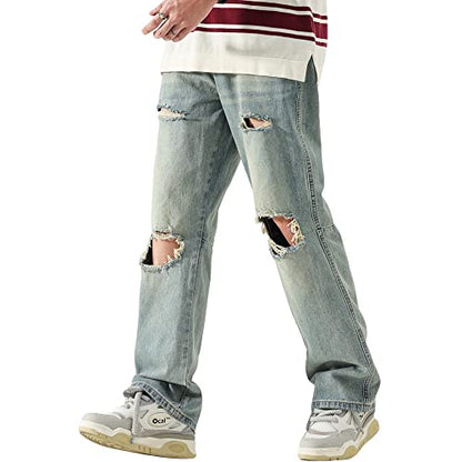 DOSLAVIDA Men's Baggy Jeans Loose Fit Ripped Distressed Jean Relaxed Skateboard Denim Pants with Holes