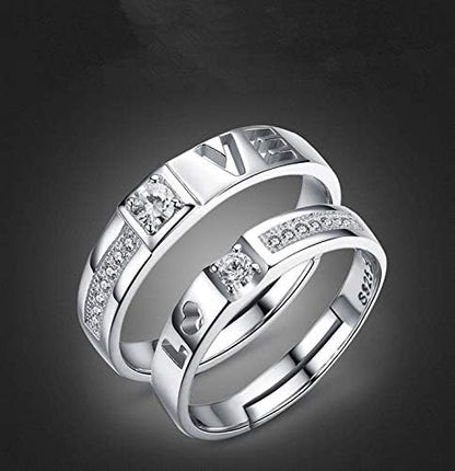 925 Sterling Silver Letter Love Diamond Adjustable Open Couple Ring Set for Female and Male cr24