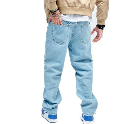 WEIBUMAOYI Men's Loose Fit Pants Relaxed-Fit Men Jeans Washed Oversize Straight Leg Carpenter Jean