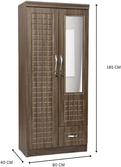 ALWASIT HOME Mehruddin 2 Door Wooden Wardrobe With Mirror with One Lockable Drawer (Without assembly, White)