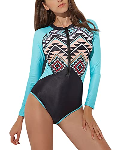 Maeau Women's Long Sleeve Rash Guard UV Protection Zipper Printed Surfing One Piece Swimsuit Bathing Suit