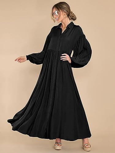 Women's Maxi Shirt Dress Button Down Long Sleeve Casual Flowy A-line Long Dress