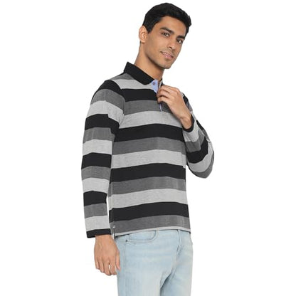 Deniklo Men's Polo Collar Full Sleeves Striped T-Shirt with Embroidery DK 240