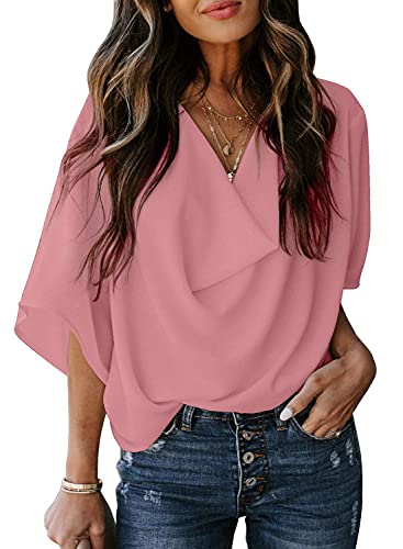 Womens Summer Short Sleeve Blouses Tops V Neckline Casual Chiffon Shirts and Tops Loose Fit Tunic T-Shirt Office Work Shirts for Women Ladies