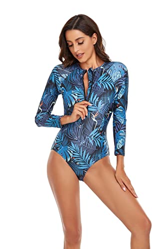 Women One Piece Swimsuit Printed Zipper Slim Long Sleeve Swimwear Bathing Suit