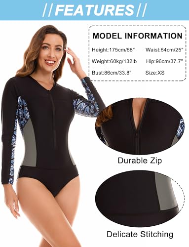 Maeau Women's Long Sleeve Rash Guard UV Protection Zipper Printed Surfing One Piece Swimsuit Bathing Suit