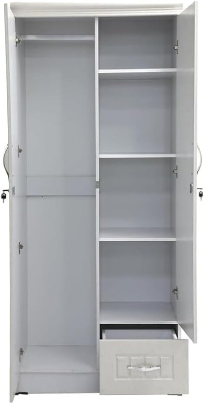 ALWASIT HOME Mehruddin 2 Door Wooden Wardrobe With Mirror with One Lockable Drawer (Without assembly, White)