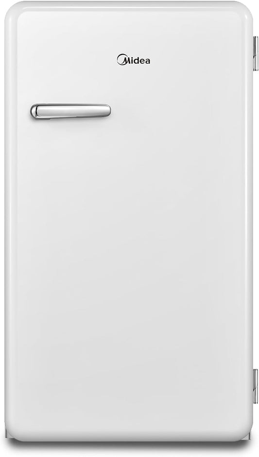 Midea 142L Gross Single Door Retro Style Refrigerator, Compact Size Free Standing, Best for Bedroom, Office & Mini Bar, Freezer Compartment Inside, Quick Cooling & Easy Cleaning, White - MDRD142SLE01