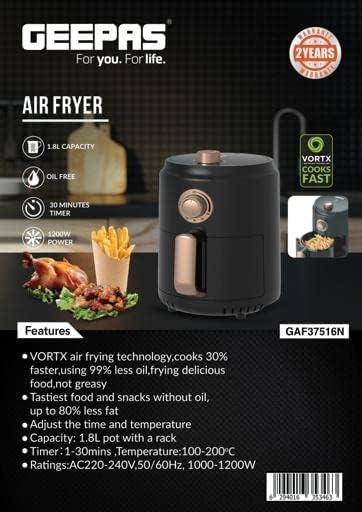 Geepas GAF37516 Air Fryer 1.8L - Cool touch Housing & handle | Overheat Protection, LED ON-OFF Lights, 30 Minutes Timer, Non Stick Detachable Basket, Temperature & Timer Control | 2 Years Warranty