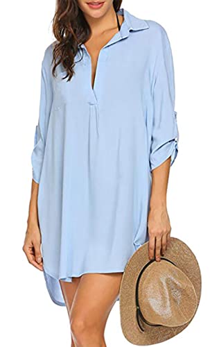 Women Plus Size Swimsuit Cover Up Shirt Deep V Neck Bikini Cover Up Solid Beach Dress