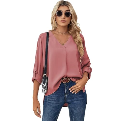 Women's Summer Silky V-Neck Long Sleeve Blouses Shirts Casual Solid Color Soft Satin Shirt Tops Womens Elegant Temperament Chiffon Shirts Office Work Shirts 3/4 Sleeve T-Shirt Tops